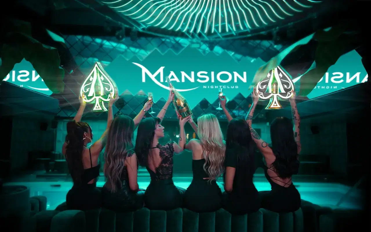 Mansion Nightclub bottle servers holding bottles, presenters, and glasses of champagne sitting down from behind
