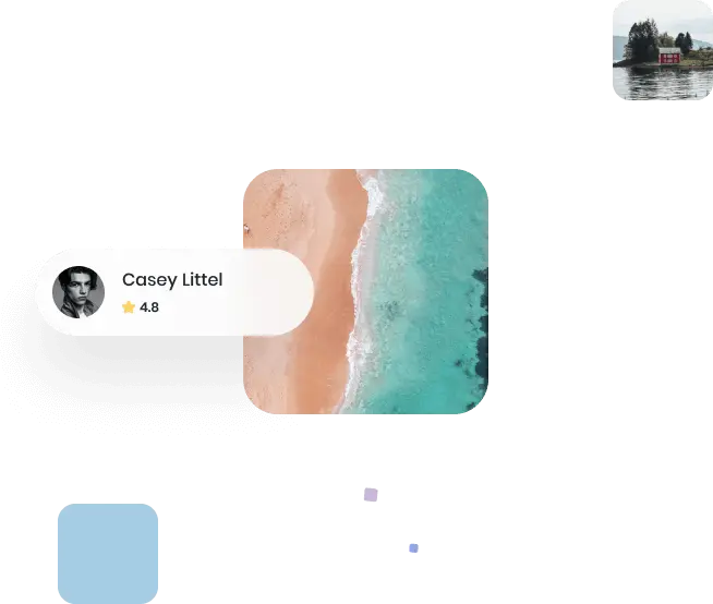 Host card with the host name of Casey Littel, his profile photo, and his rating of 4.8, and a square image of an aerial photo of an ocean shore