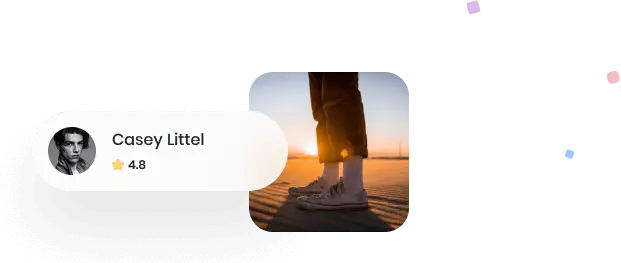 Host card with the host name of Casey Littel, his profile photo, and his rating of 4.8, and a square image of a below the knees photo of someone's shoes, socks, and pants standing in the sand during a sunset