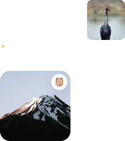 A square image of a mountain and a small circle image with a profile photo of a woman