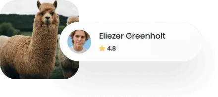 Host card with the host name of Eliezer Greenholta, his profile photo, and his rating of 4.8 and a square photo of alpacas